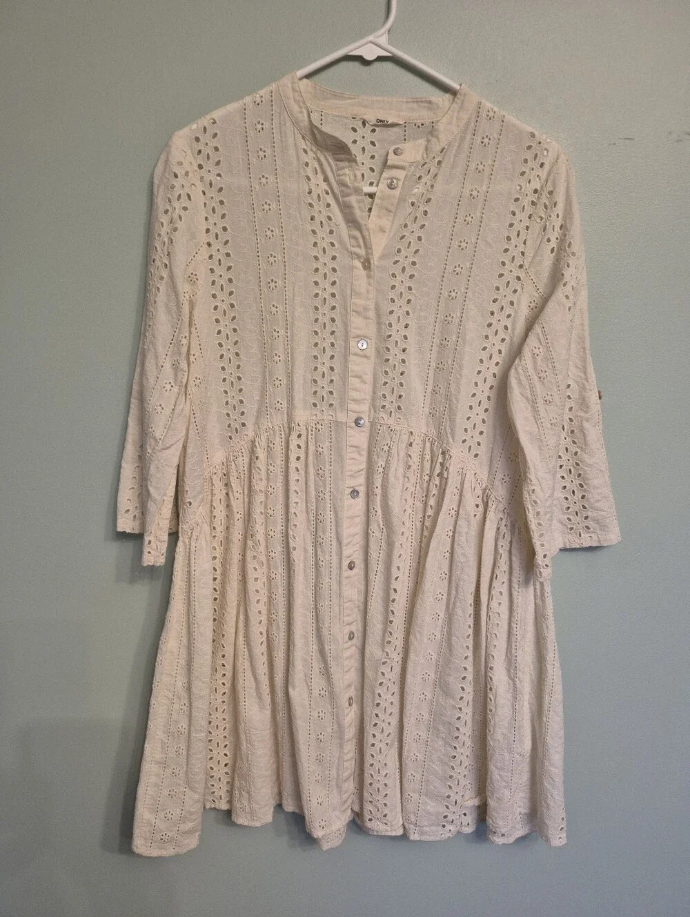 Only Women's Boho Babydoll Cottagecore Cream Eyelet Button Down Dress Size Small - Picture 2 of 8